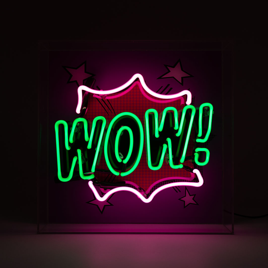 Cartel de neón grande de cristal "WOW