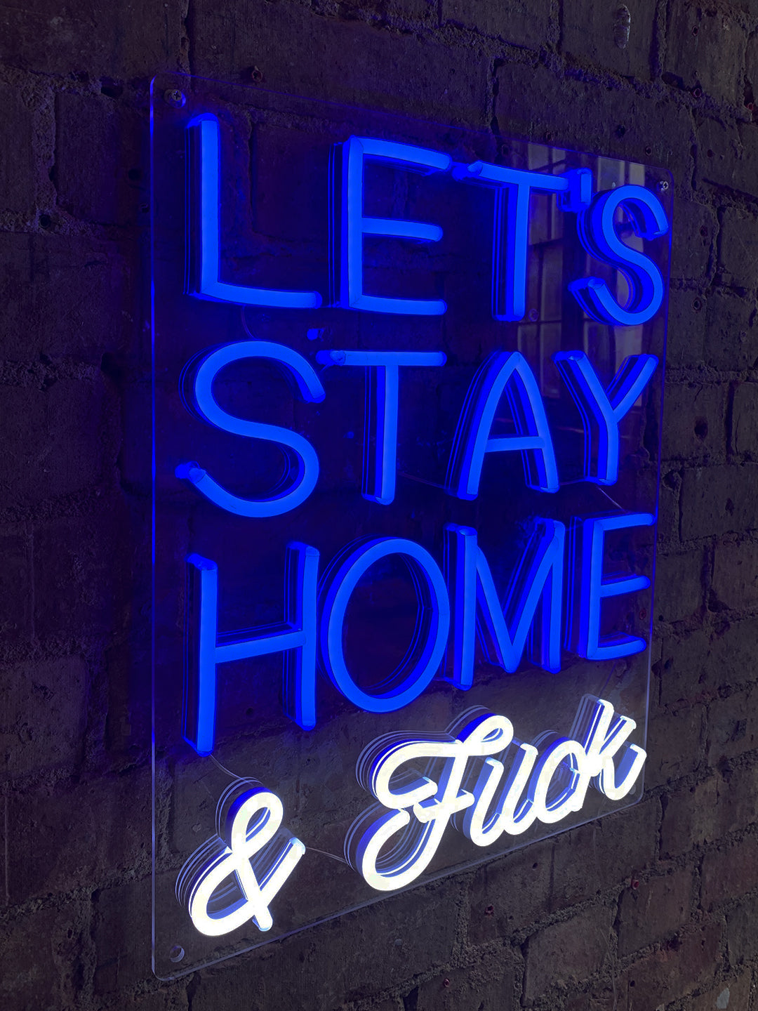 Neon blu a LED montabile a parete 'Rimaniamo a casa e scopiamo'.