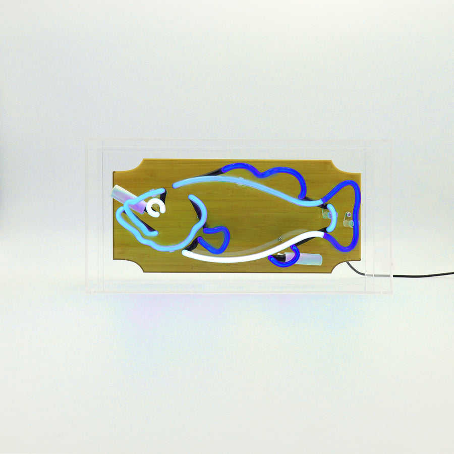 'Trophy Fish' Glass Neon Box Sign - Blue