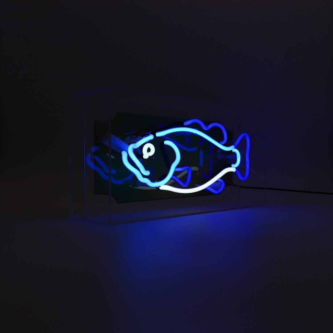 'Trophy Fish' Glass Neon Box Sign - Blue