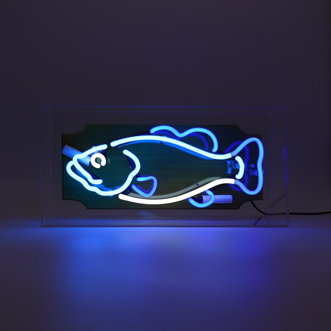 'Trophy Fish' Glass Neon Box Sign - Blue