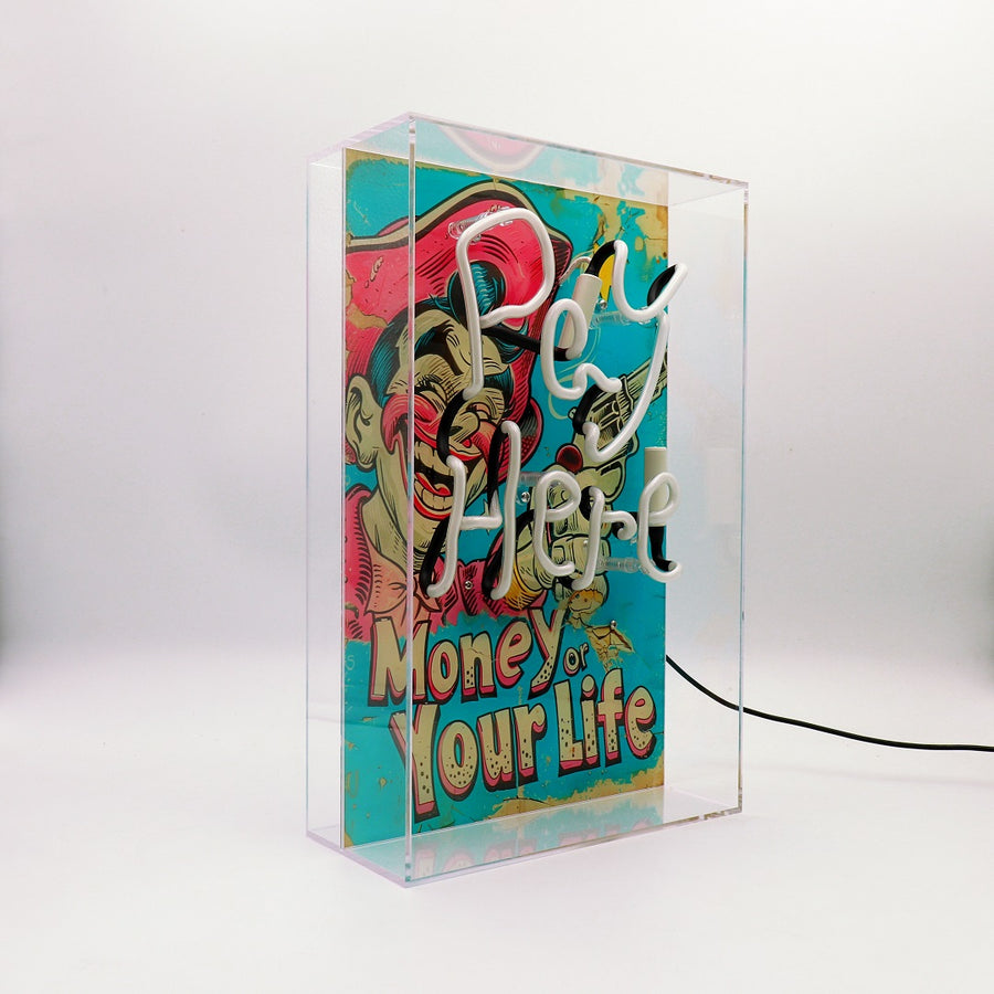 'Pay Here/ Money Or Your Life' Glass Neon Box Sign