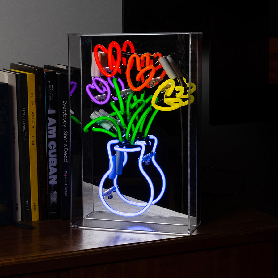 Panneau néon en verre 'Vase de tulipes