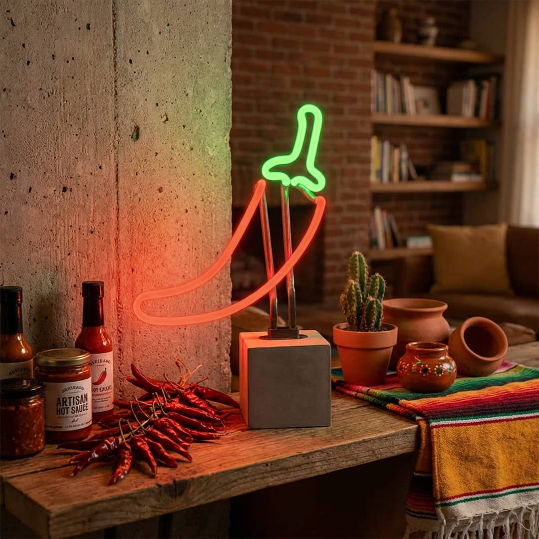 "Chilli" en néon avec base en béton  