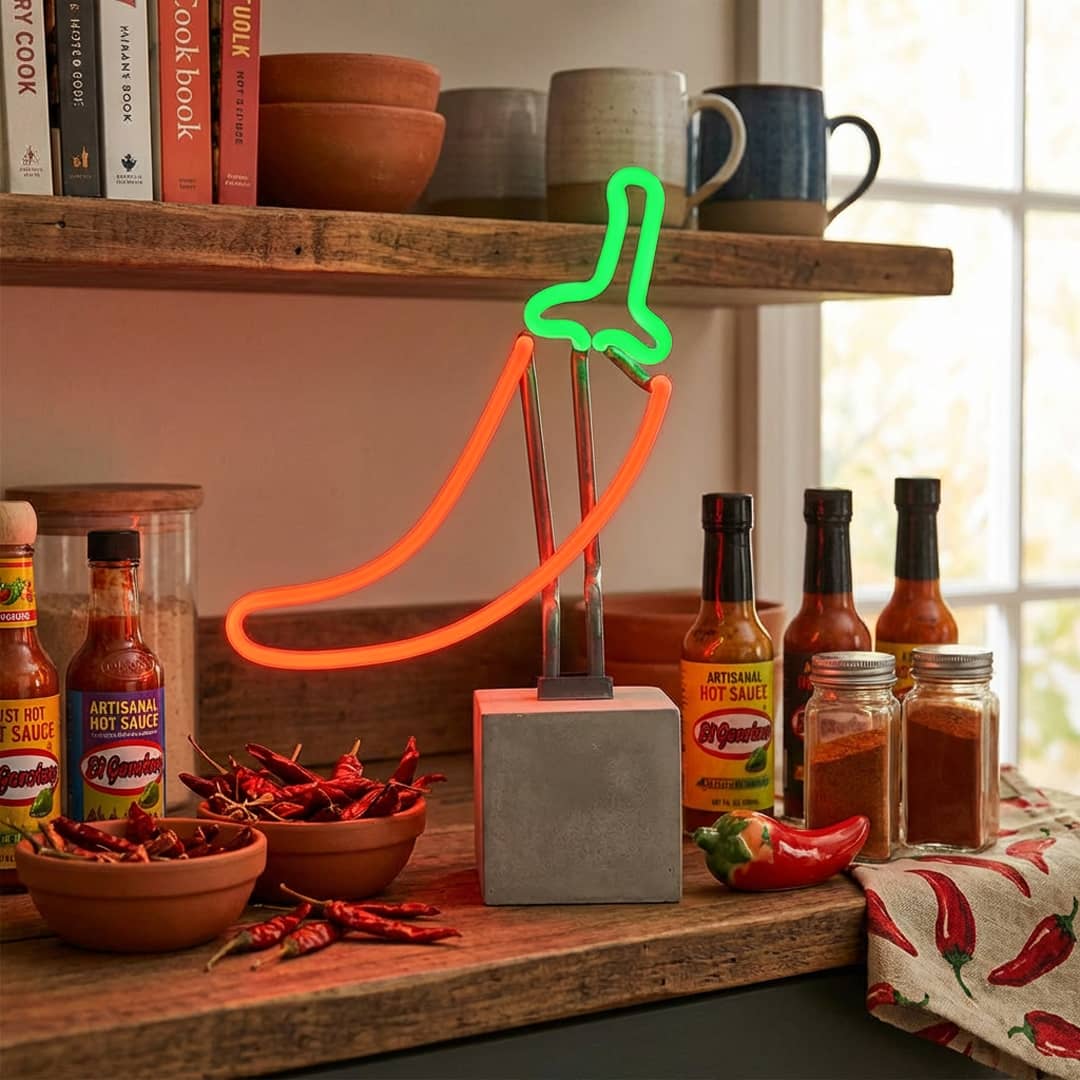 "Chilli" en néon avec base en béton  