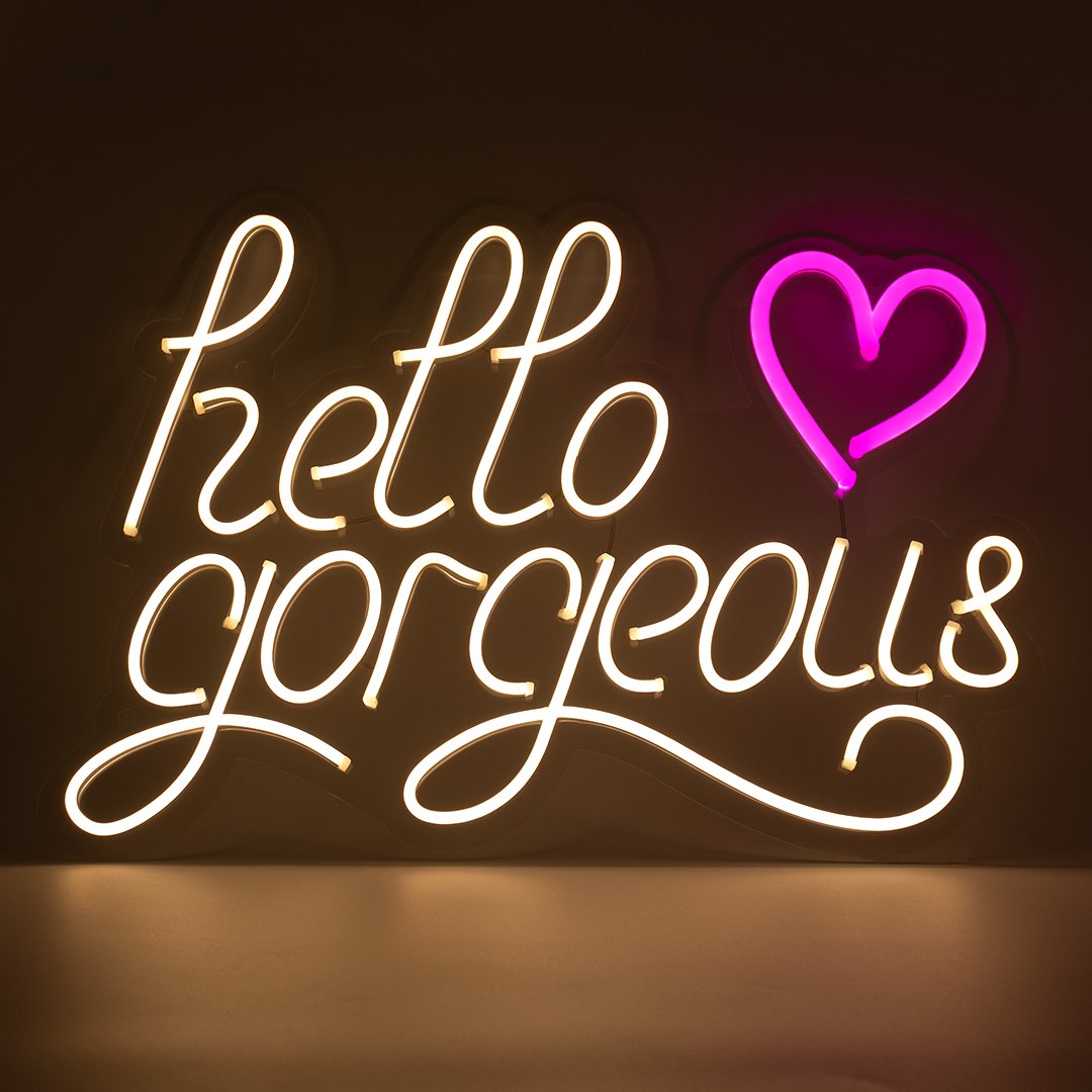 'Hello Gorgeous' LED de neón blanco cálido para montaje en pared