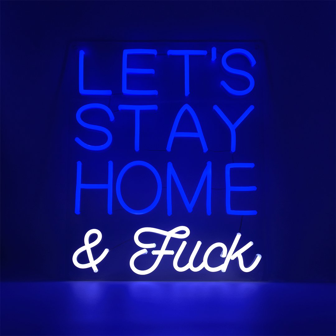Neon blu a LED montabile a parete 'Rimaniamo a casa e scopiamo'.