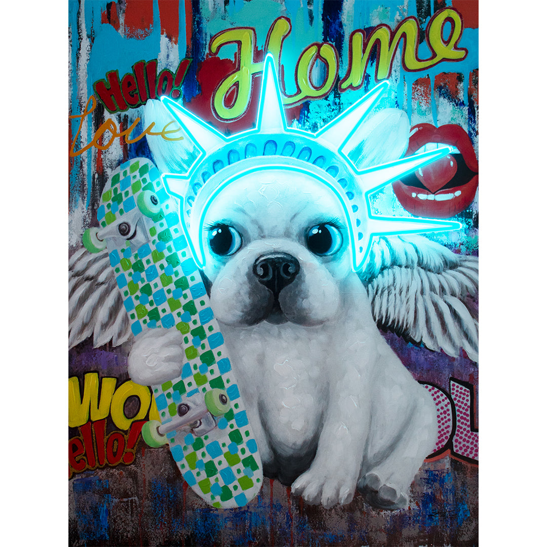 Tableau d'art mural 'Liberty Dog' avec néon LED - PETIT
