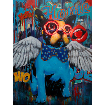 Obra de arte mural 'Perro con alas' con LED de neón - PEQUEÑO