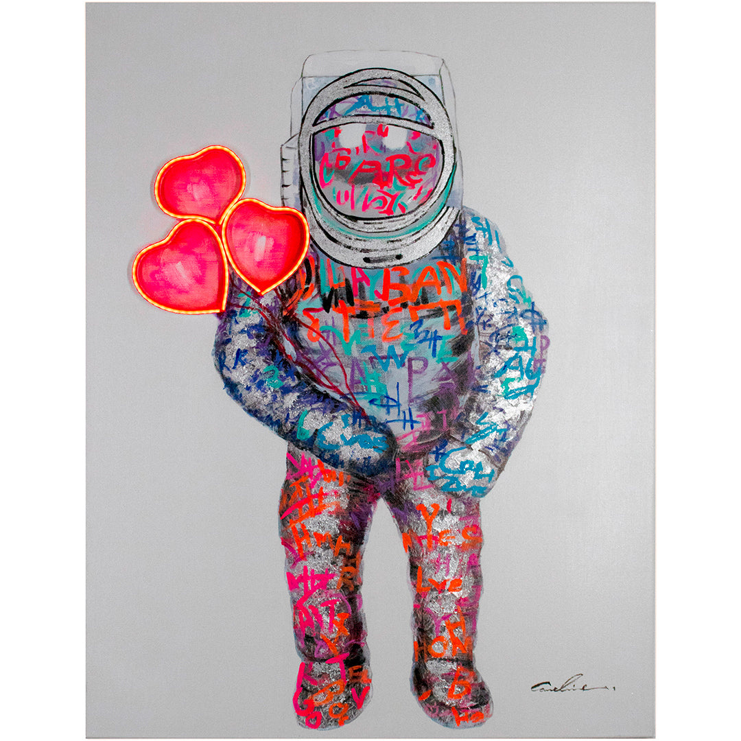 Tableau d'art mural 'Spaceman Hearts' avec néon LED - PETIT