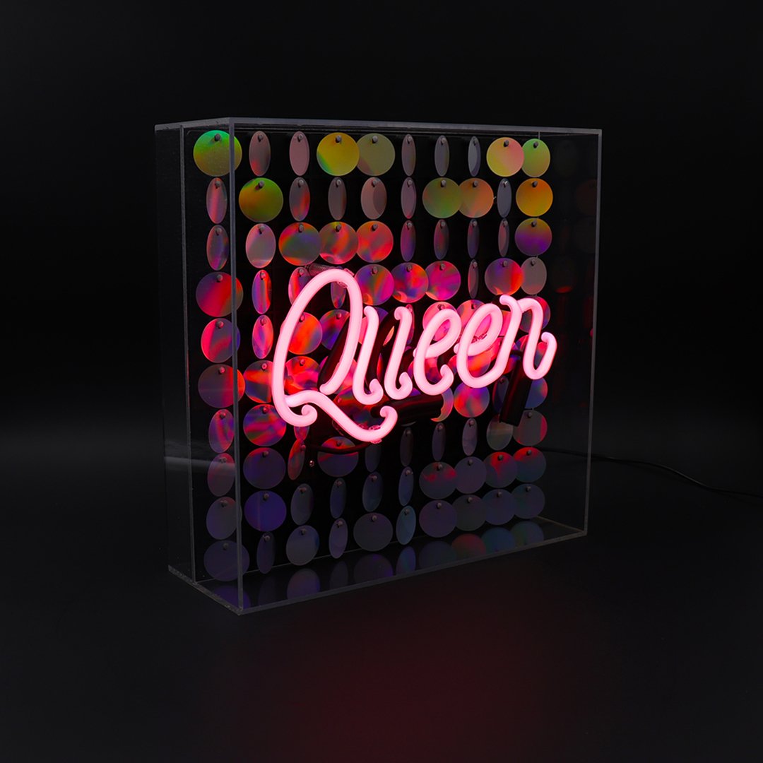 'Queen' Acrylic Box Neon Light with Sequins - Locomocean