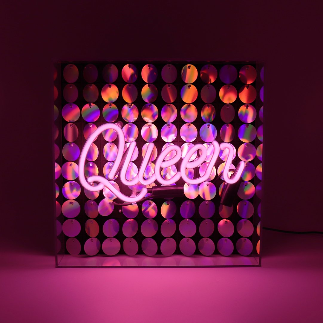 'Queen' Acrylic Box Neon Light with Sequins - Locomocean